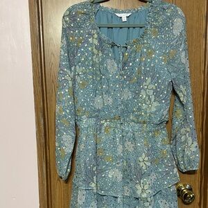 LC Lauren Conrad Floral Blue Dress with Gold Highlights